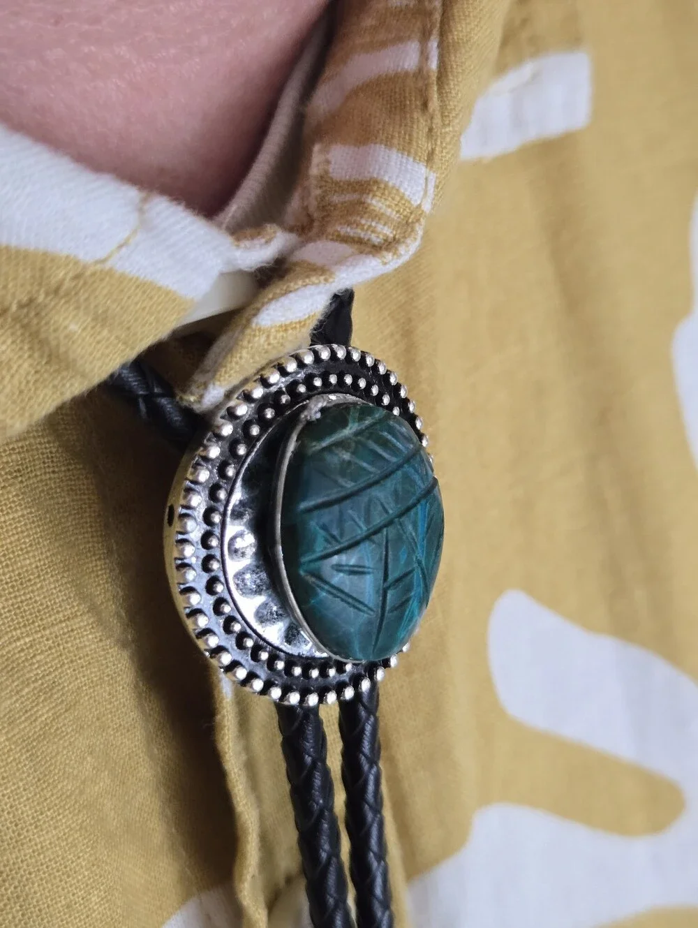 Silver Chrysocolla Scarab Western Bolo Tie Leather Braid Rockstar 70s Aesthetic
